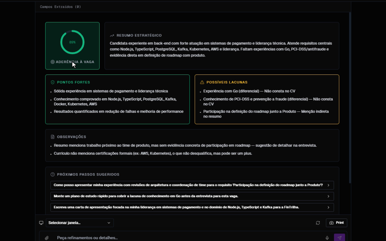 Nota de aderência da vaga e lacunas do currículo