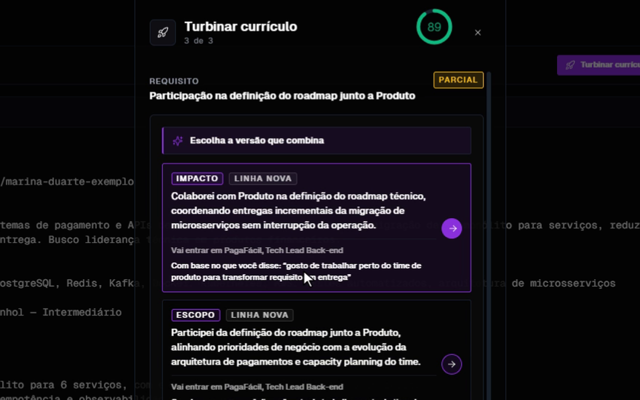 Reescrita do currículo com três opções por trecho