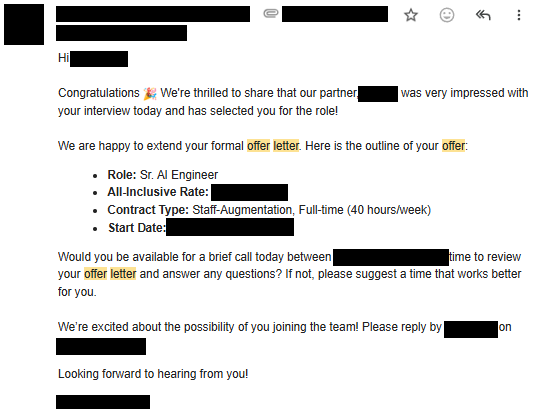 E-mail em inglês com carta oferta para a vaga de Sr. AI Engineer.