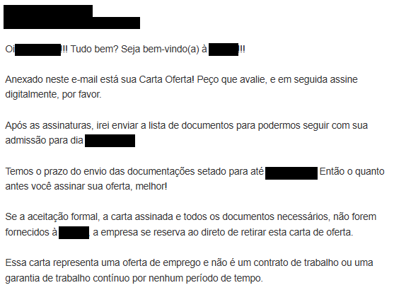 E-mail em português com carta oferta e os próximos passos da admissão.
