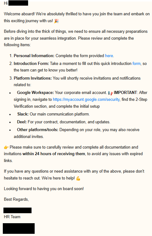 E-mail de boas-vindas do RH com os passos de integração da nova empresa.